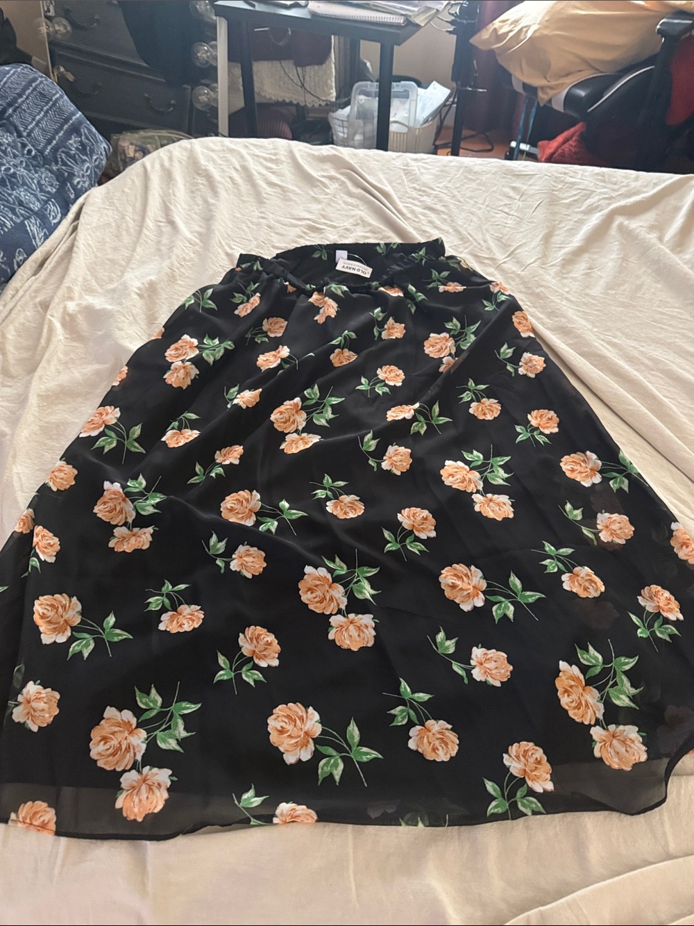 Old Navy Black Midi Skirt with Peach Rose Print